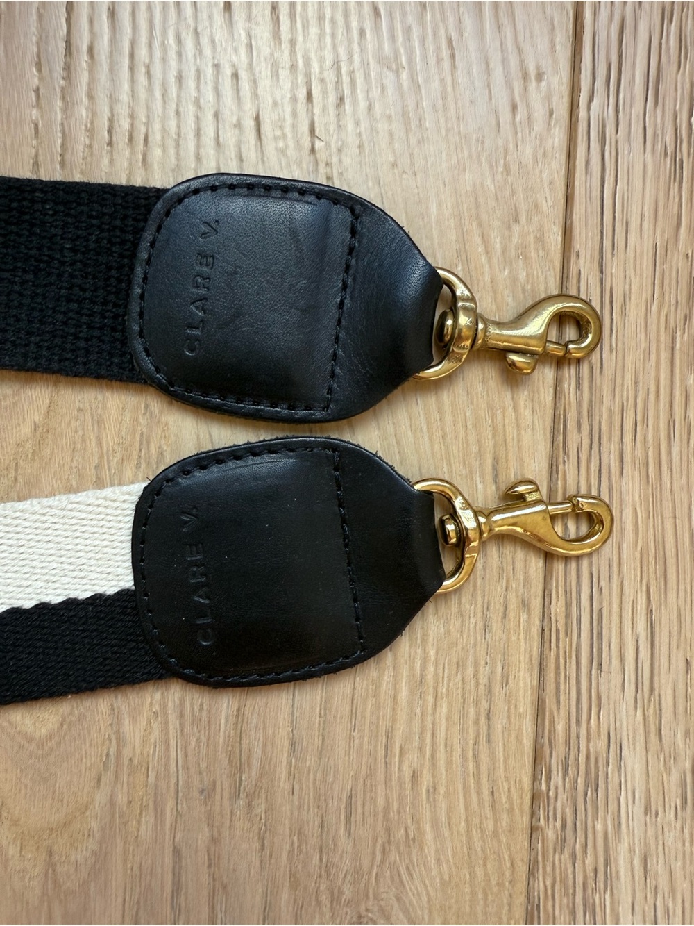 Clare V. Set of 2 Detachable Black & White Leather-Trim Strap with Gold Hardware